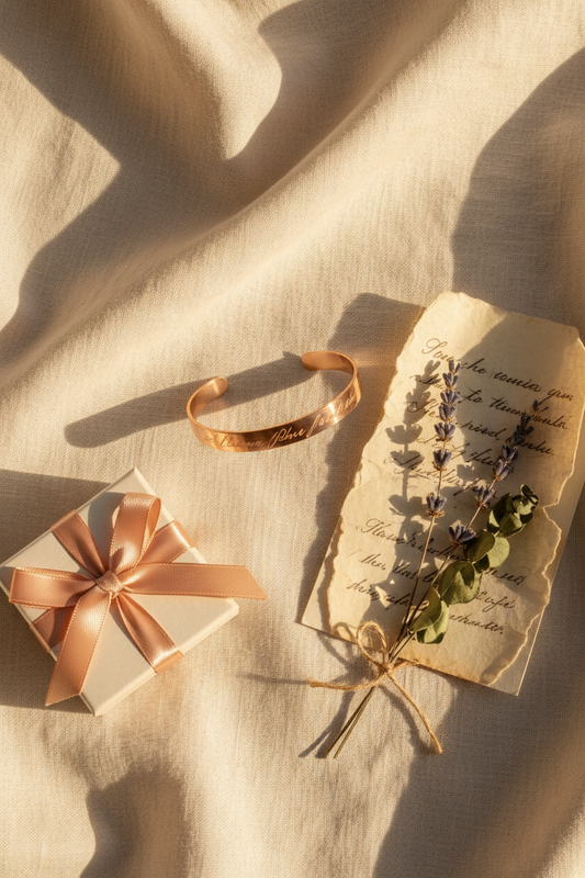 Personalised handwriting cuff bracelet in rose gold on soft linen with a handwritten note, dried flowers and a gift box