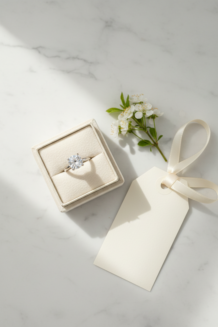 High-polished stainless steel ring with sparkling CZ stone in a velvet jewellery box with white flowers on marble